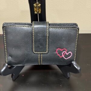 Fossil Black Leather Wallet With Embroidered Hearts